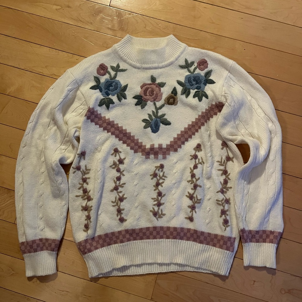 Alfred Dunner Rose and Leaf Knit Sweater